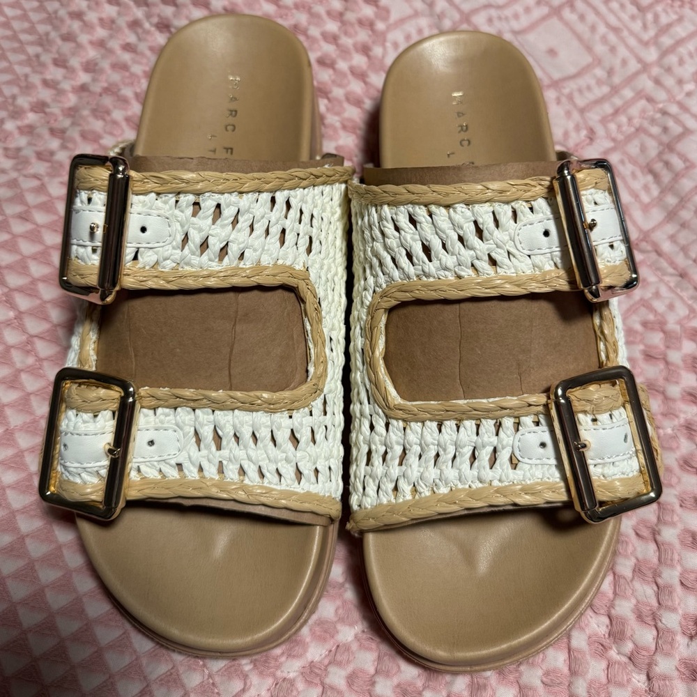 Marc Fisher White Woven Double-Buckle Slide Sandals with Tan Trim